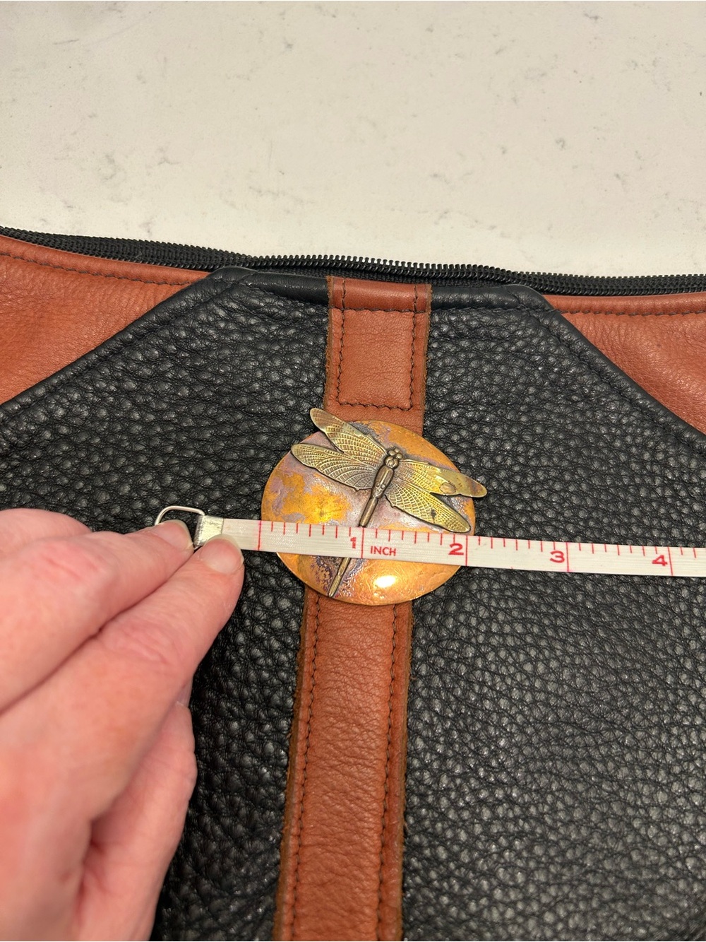 Two-Tone Handmade Leather Shoulder Bag with Copper Dragonfly Detail - Picture 11 of 16